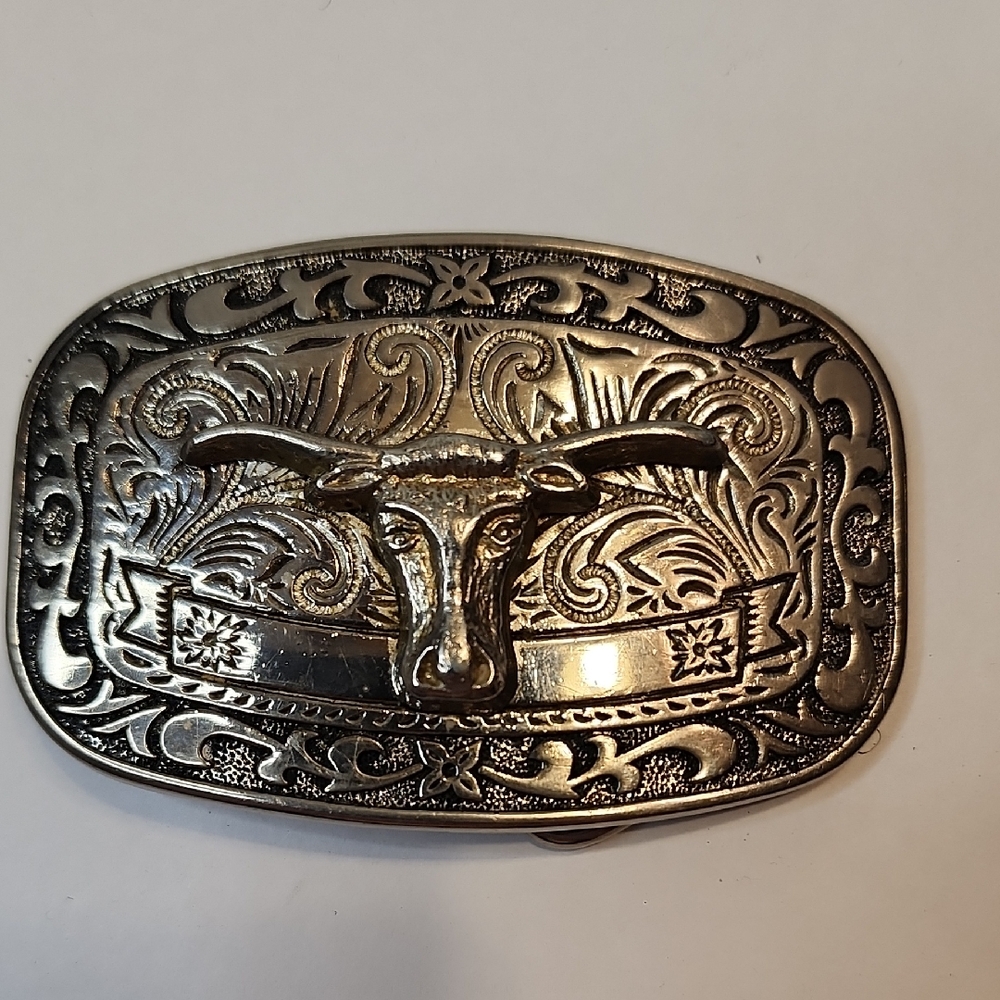 Silver Western Longhorn Belt Buckle - Men Accessories HOOK 'EM HORNS  TEXAS 3D